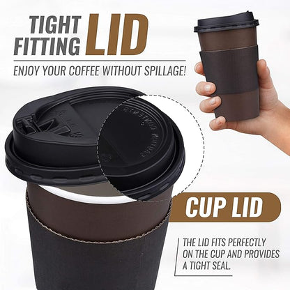 Promora 12 oz Brown Disposable Coffee Cups with Lids & Sleeves, Hot Coffee Cup Sleeves Disposable, Premium Insulated To Go Paper Cups (12 oz, Pack of 80) Brown and Black