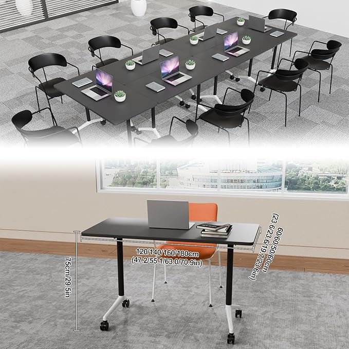 Folding Conference Table, 6 Pack Foldable Rolling Conference Room Tables Meeting Seminar Table Modern Conference Training Table for Office Classroom(Black, 47.2IN, 8)