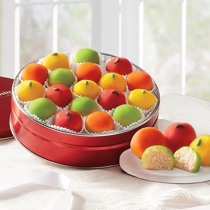 The Swiss Colony Marzipan Fruit Gift Tin – Traditional Almond Candy in Festive Fruit Shapes and Colors, Holiday Gift Box Set, 9 oz. Food Gift Basket Treat