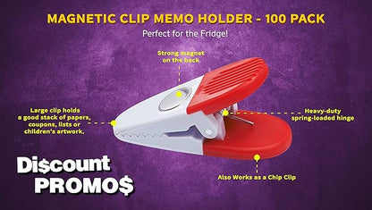 100 Magnetic Memo Holders Set - Customizable Text, Logo - Large Clip, Plastic - White Red