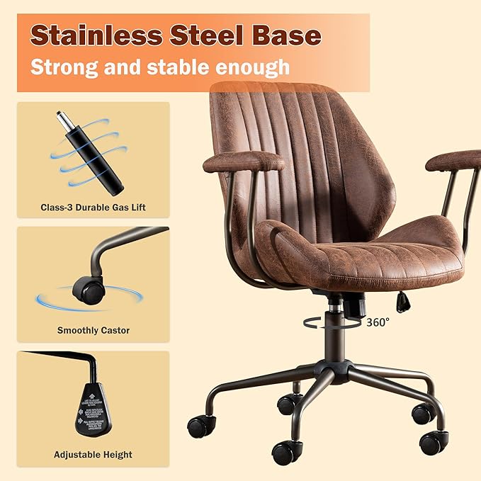 Home Office Desk Chair Adjustable Height, Ergonomic Executive Office Chair with Armrests, Rolling Comfy Desk Chair with Lumbar Support, Mid Century Modern, Dark Brown
