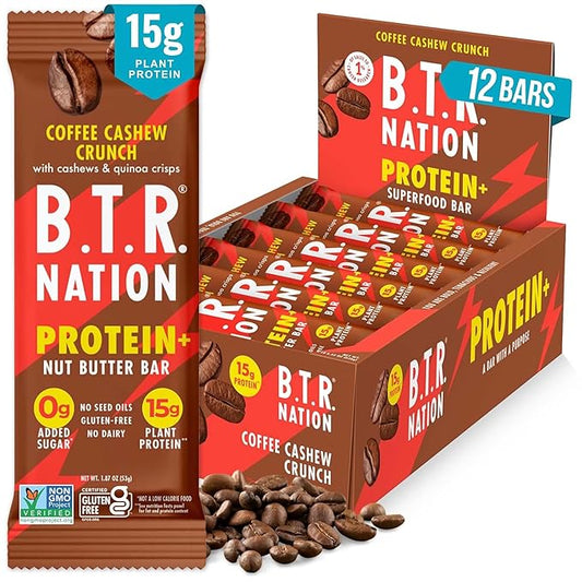 B.T.R. Nation Vegan Keto Plant Based High Protein & High Fiber Bars - Coffee Cashew Crunch Protein+ | 12 Bars | Low Carb & GF, Free of Sugar Alcohols, Dairy, Soy and with Powerful Superfoods!