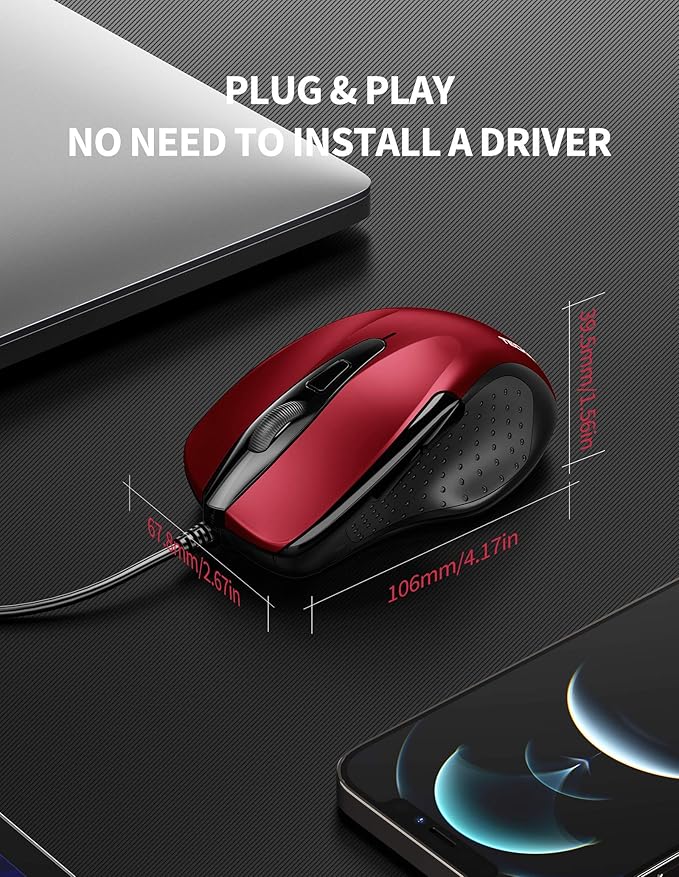 TECKNET USB Wired Mouse, 6-Button Corded Computer Mouse with 4 Adjustable DPI, Optical Computer Mice with Ergonomic Design and 5FT Cord for Laptop, Chromebook, PC, Desktop, Mac, Notebook - Dard Red