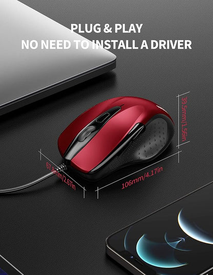 TECKNET USB Wired Mouse, 6-Button Corded Computer Mouse with 4 Adjustable DPI, Optical Computer Mice with Ergonomic Design and 5FT Cord for Laptop, Chromebook, PC, Desktop, Mac, Notebook - Dard Red