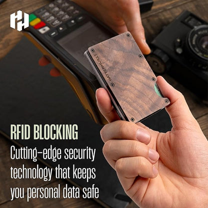 Hayvenhurst Wallet For Men - Reinvented Design Men's Wallet - Slim, Minimalistic & Seamless Card Case, Blocks RFID Scanners, Holds 12 Cards (Walnut Wood)
