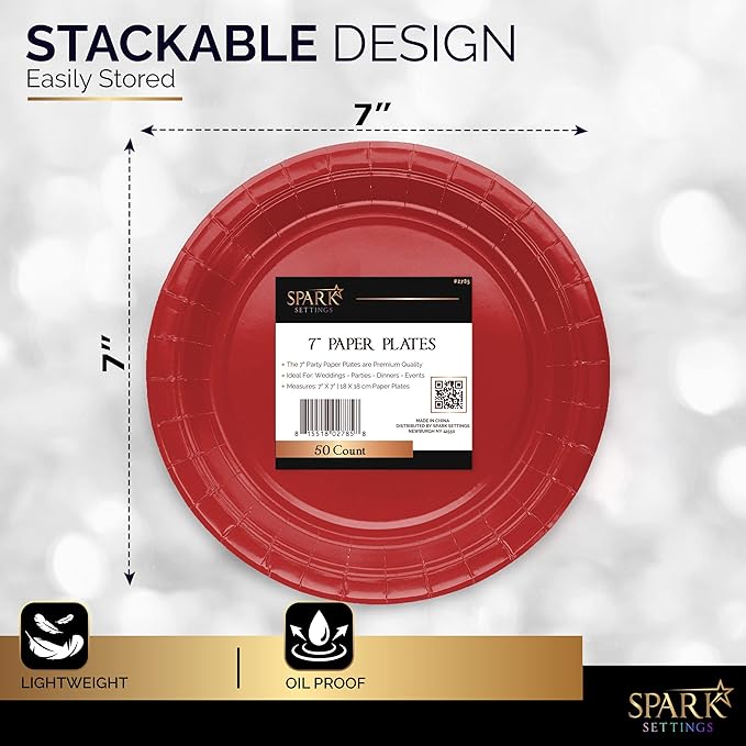 Disposable Paper Plates Red, 6 3/4 Inches Paper Dessert Plates, Strong and Sturdy Disposable Plates for Party, Dinner, Holiday, Picnic, or Travel Party Plates, Pack of 50