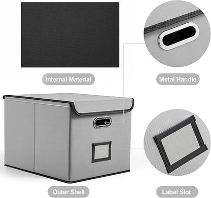 Collapsible File Box with Lid & Plastic Slide - Hanging Document Organizer for Office/Home, 14.96x12.6x10.83 Inch,Decorative Home File Bin,Light Grey, 1 Pack (No Folders Included)