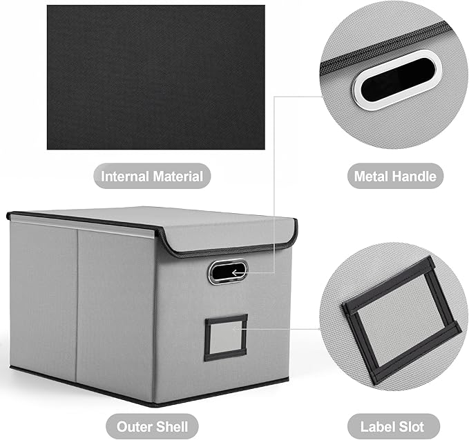 Collapsible File Box with Lid & Plastic Slide - Hanging Document Organizer for Office/Home, 14.96x12.6x10.83 Inch,Decorative Home File Bin,Light Grey,2 Pack (No Folders Included)