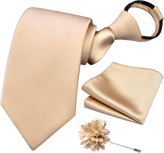 Branduce 3.15"（8cm） Pre-tied Adjustable Zipper Tie and Lapel Pin Solid Necktie Handkerchief Set for Men