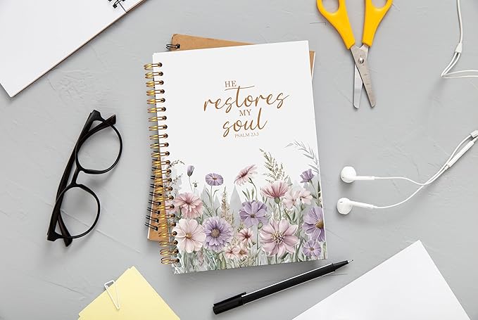Christian Notebook for Women, Christian Art Gifts Journal, Prayer Journal for Women, Bible Journaling Notebook, PSALM 23:3 He Restores My Soul Floral Spiral Notebook 5.5x8.3