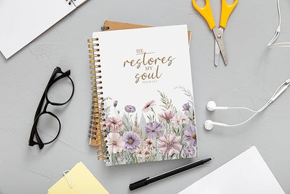 Christian Notebook for Women, Christian Art Gifts Journal, Prayer Journal for Women, Bible Journaling Notebook, PSALM 23:3 He Restores My Soul Floral Spiral Notebook 5.5x8.3