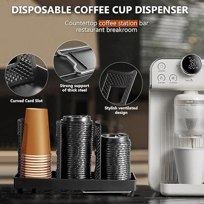 Paper Cup and Lid Holder, Disposable Coffee Cup Dispenser, 3-Slot Upright Paper Cup Dispenser for Coffee Stations, Kitchens, Bars, Restaurants, Lounges (Black)