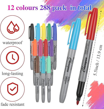 Teling 288 Pcs 12 Colors Permanent Markers Fine Colored Markers Assorted Colors Marker Pens Waterproof Works on Paper, Plastic, Wood, Metal and Glass for Adult Coloring Doodling