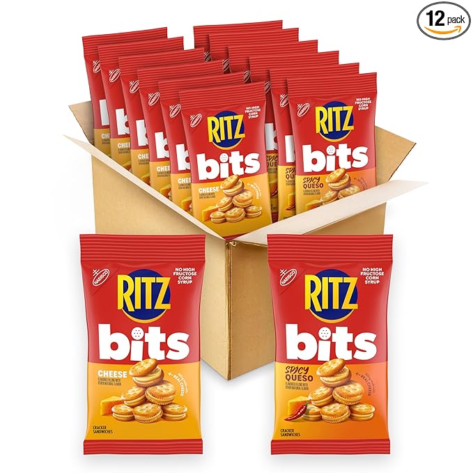 RITZ Bits Cheese and Spicy Queso Cheese Sandwich Crackers Variety Pack, Snacks for Kids and Adults, Lunch Snacks, 12-3 oz Bags