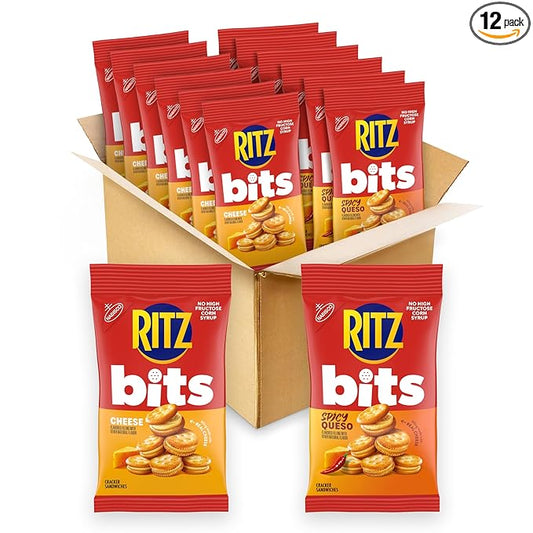 RITZ Bits Cheese and Spicy Queso Cheese Sandwich Crackers Variety Pack, Snacks for Kids and Adults, Lunch Snacks, 12-3 oz Bags