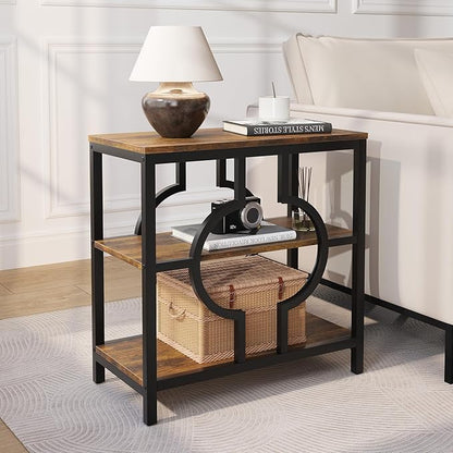 End Table, Narrow Side Table with 3-Tier Storage Shelves, Wood Sofa Side Table with Geometric Metal Frame for Living Room, Industrial Bedside Nightstand for Bedroom (Brown)