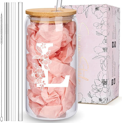 Personalized Tumbler, Monogrammed Can Glass Cups with Bamboo Lids and Straws, Customized Gifts for Women, Cute Design Initial Iced Coffee glasses, Custom Letter Mug, Birthday Bridesmaid, L