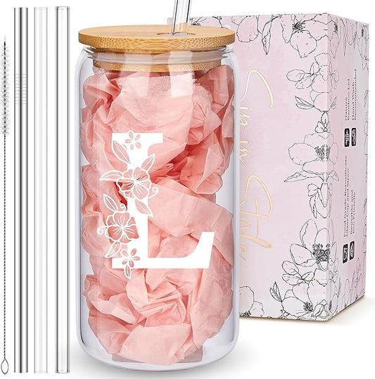 Personalized Tumbler, Monogrammed Can Glass Cups with Bamboo Lids and Straws, Customized Gifts for Women, Cute Design Initial Iced Coffee glasses, Custom Letter Mug, Birthday Bridesmaid, L