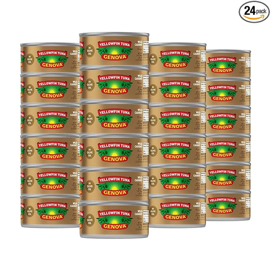 Genova Premium Yellowfin Tuna in Olive Oil, 3 Ounce Cans (Pack of 24), Wild Caught Canned Tuna, Solid Light