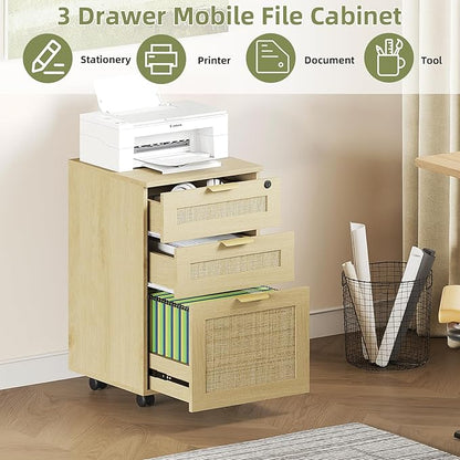 HOPUBUY 3 Drawer File Cabinet with Lock, Rattan File Cabinets with Wheels, Small Filing Cabinet for Hanging A4/Letter/Legal/F4, Rolling Wood Filing Cabinets for Under Desk Home Office, Oak