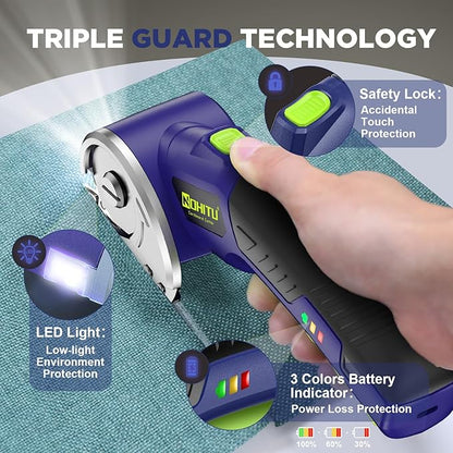 Cordless Electric Scissors: 4V Rechargeable Rotary Cardboard Cutter, 3000mAh Battery, with LED Light, 2 Blades, Box Cutter for Fabric Carpet Carton Plastic Leather Cloth (Blue)