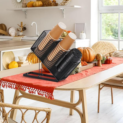 Disposable Coffee Cup Holder for Countertop, Paper Cup and Lid Holder Dispenser with Straw Organizer for Coffee Station Bar Restaurant Breakroom Office, Black