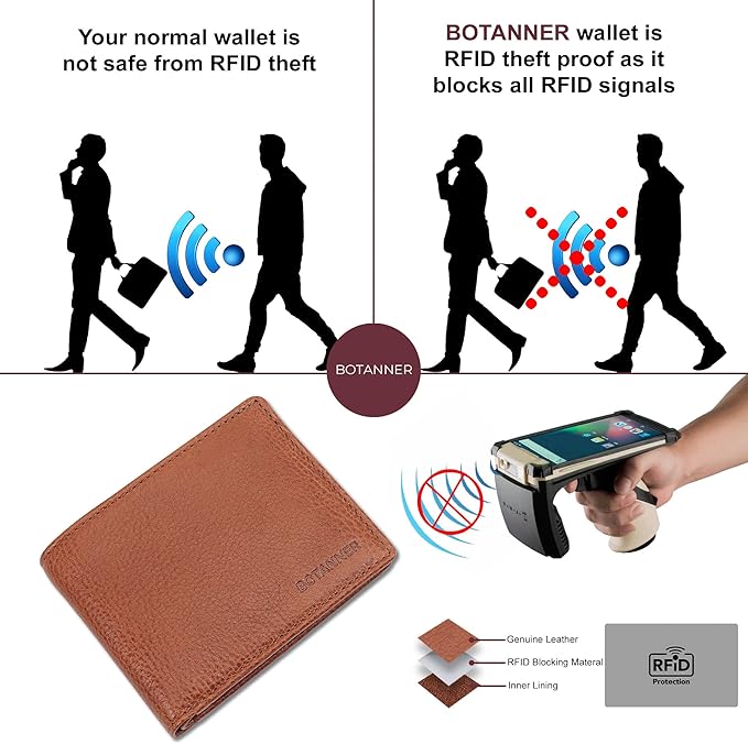 Genuine Leather Mens Bifold Wallet Slim RFID Blocking 5 Credit Card Slots 1 ID Window 2 Sections for Bills 2 Additional Slots | Tan