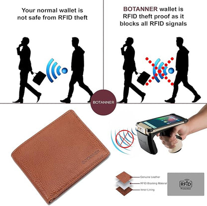 Genuine Leather Mens Bifold Wallet Slim RFID Blocking 5 Credit Card Slots 1 ID Window 2 Sections for Bills 2 Additional Slots | Tan