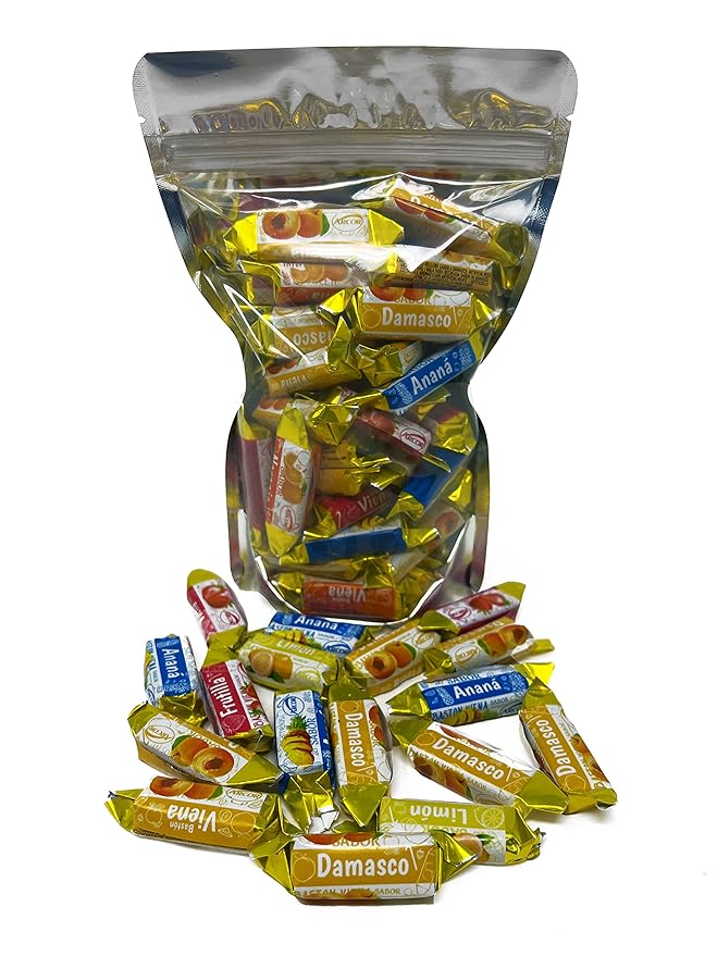 Holiday Fruity Hard Candy Filled With Real Fruit Pulp - 1 lbs - Peach, Strawberry, Pineapple, Orange and Lemon Flavored Bon Bons Filled with Real Fruit Pulp - American Vintage Candy Snack Assortment - Individually Wrapped, 16 oz.