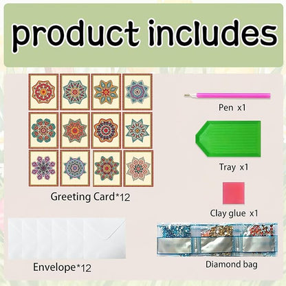 jinglinhh 12pcs DIY Mandala Diamond Art Painting Greeting Cards with Envelopes, DIY Card Making Kits for Adults, Diamond Art Christmas Cards for Birthday Holiday Postcards Craft Gifts