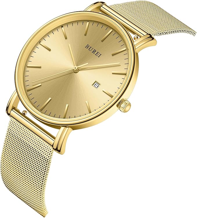 BUREI Men Watches Brown Leather Fashion Minimalist Wrist Watch Simple Ultra Thin Waterproof Quartz Watches All Black Stainless Steel Mesh Band,Gift for Men Women