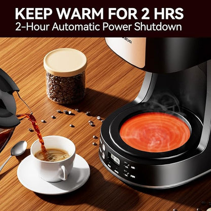 12-Cup Drip Coffee Maker with Reusable Filter,Programmable Clock,Auto Brew,Water Window,Keep Hot Plate,Glass Carafe,Compact Design for Kitchen,Office,Silver and Black