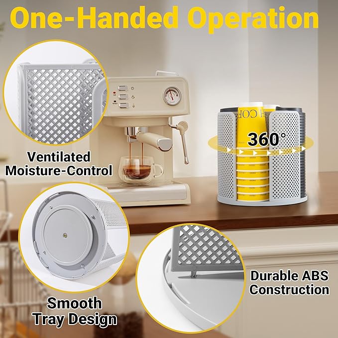 4-Compartment Rotating Paper Cup Holder & Coffee Cup Lid Storage Dispenser, Plastic Cup Dispenser Removable, Space-Saving Countertop Cup Holder for Coffee Bars, Kitchens (Grey)