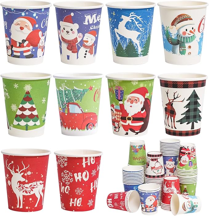 Christmas Cups Disposable 120 Pcs Paper Cups Hot Chocolate Cocoa Coffee Cups for Christmas Party Supplies, 9 oz