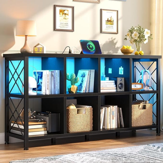 8 Cube Storage Organizer with LED Light and Charging Station, Wood and Metal Cube Shelf, Long Horizontal Book Shelf for Bedroom, Home Office, Black