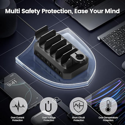 190W Fast Charging Station for Multiple Devices【Efficient & Safe Charging】 6 Port USB Charger Station - Family Multi-Device Organizer Charging Dock Compatible with iPhone/Android/MacBook/iPad/Tablet