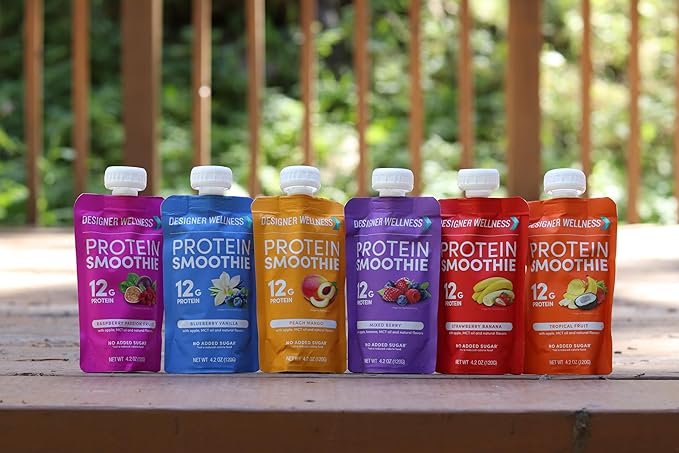 Designer Wellness Protein Smoothie, Real Fruit, 12g Protein, Low Carb, Zero Added Sugar, Gluten-Free, Non-GMO, No Artificial Colors or Flavors, Mix Variety, 12 Count