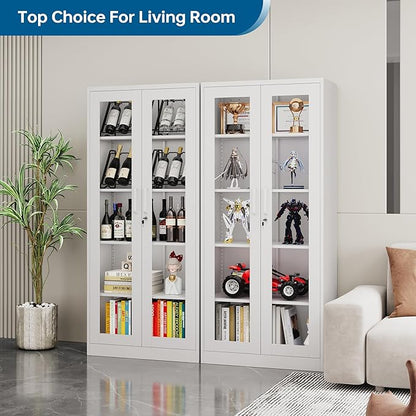 Display Storage Cabinet with Glass Door, 71 Inches Metal Curio Cabinet with 4 Adjustable Shelves, Locking Glass Display Case for Home, Office, Clinic, Pantry, Assemble Required (White)
