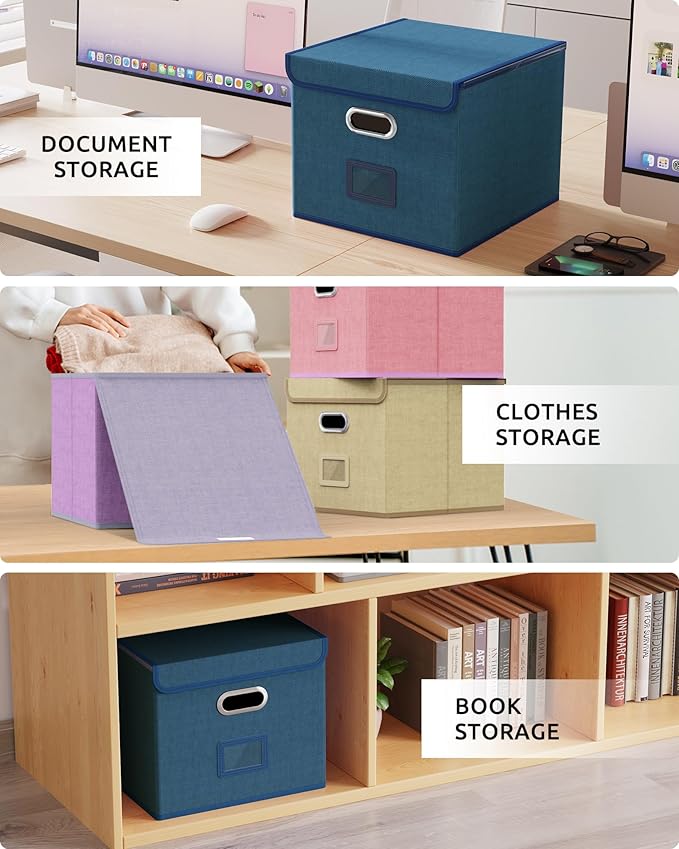 Oterri 2 Pack File Organizer Box,File Box,Small File Cabinet for Letter Folders,Dark Blue Portable Filing Box,Hanging File Folder Organizer with Lid for Office/Decor/Home- without Folders