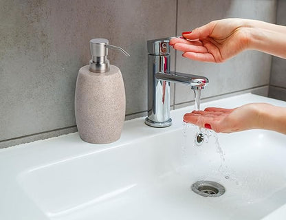 Sandstone Textured Resin Soap Dispenser with Metallic Pump and Waterproof Bottle Labels for Bathroom Kitchen Dish Hand Wash Shower Lotion Shampoo, 12 Oz, 2 Sets Beige
