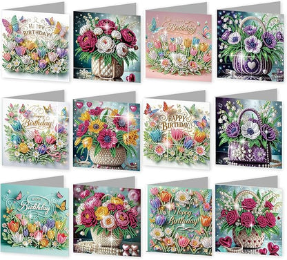jinglinhh 12pcs Diamond Art Painting Flower Bouquet Handbag Greeting Cards with Envelopes, DIY Card Making Kits for Adults, Diamond Art Postcards Christmas Cards Craft Gifts