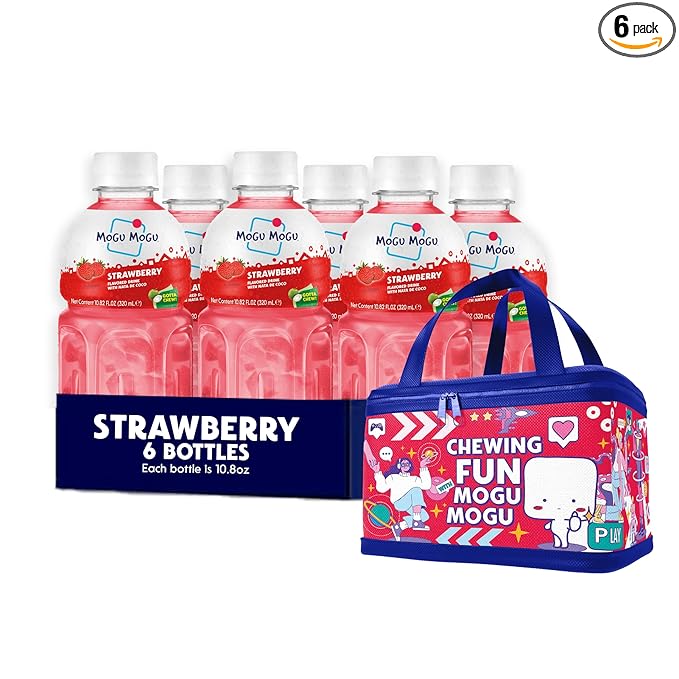 Mogu Mogu Strawberry Juice Drink (6 Bottles) with Limited Edition Cooler Bag – Chewy & Fun Strawberry Juice with Nata de Coco | Refreshing Drink for Kids & Adults | Ready to Drink Beverage Set