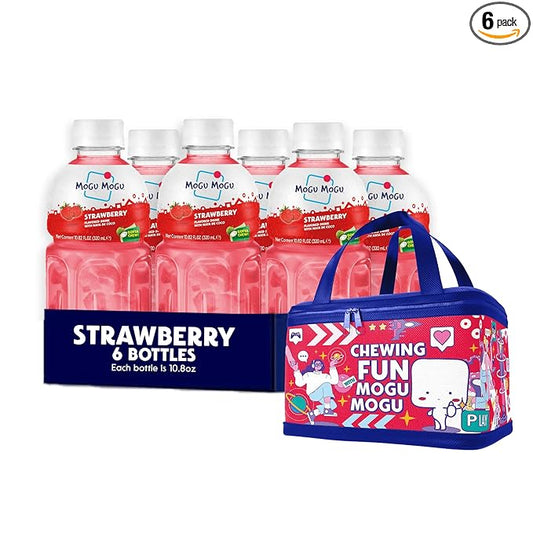 Mogu Mogu Strawberry Juice Drink (6 Bottles) with Limited Edition Cooler Bag – Chewy & Fun Strawberry Juice with Nata de Coco | Refreshing Drink for Kids & Adults | Ready to Drink Beverage Set