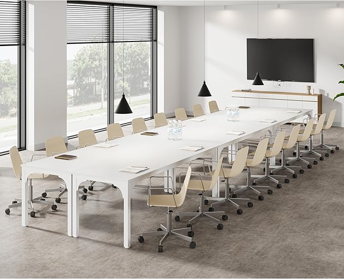 19FT Conference Table, Super Sturdy Large Rectangle Meeting Seminar Table, Office Desk for Meeting Room Study Writing Printer Table, Long Business Tables for 16-22 Person, 6 Pcs White