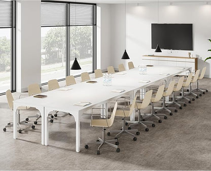 19FT Conference Table, Super Sturdy Large Rectangle Meeting Seminar Table, Office Desk for Meeting Room Study Writing Printer Table, Long Business Tables for 16-22 Person, 6 Pcs White