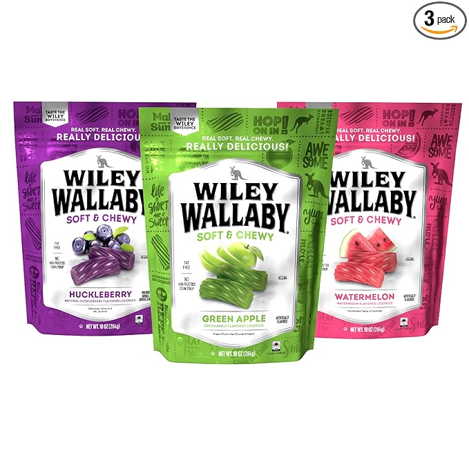 Wiley Wallaby Licorice 10 Ounce Variety Pack - Huckleberry, Apple & Watermelon Classic Gourmet Australian Style Soft & Chewy Licorice Candy - Pack of 3
