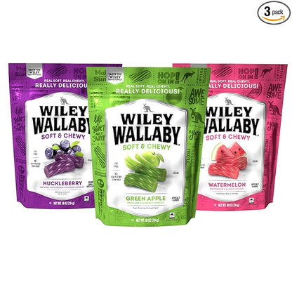 Wiley Wallaby Licorice 10 Ounce Variety Pack - Huckleberry, Apple & Watermelon Classic Gourmet Australian Style Soft & Chewy Licorice Candy - Pack of 3