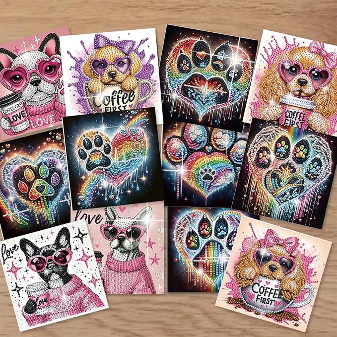jinglinhh 12pcs Diamond Art Painting Dog Paws Greeting Cards with Envelopes, DIY Card Making Kits for Adults, Diamond Art Christmas Cards for Birthday Holiday Postcards Craft Gifts