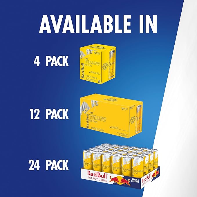 Red Bull Yellow Edition Energy Drink, Tropical, with 80mg Caffeine plus Taurine & B Vitamins, 8.4 Fl Oz, Pack of 4 Cans