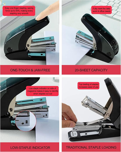 PAPERPAL Effortless Standard Stapler Set, 20 Sheet Capacity, Half Strip with Built-in Staples Storage, Includes 1000 pcs 1/4“ Staples & A Staple Remover, for Office, School & Personal Use, Black